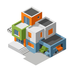 Fototapeta premium Isometric illustration of a modern, multi-story residential building with a garage containing cars, rendered in a colorful, geometric style.