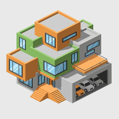Fototapeta premium A modern, multi-level residential building with a garage and contemporary architectural design.