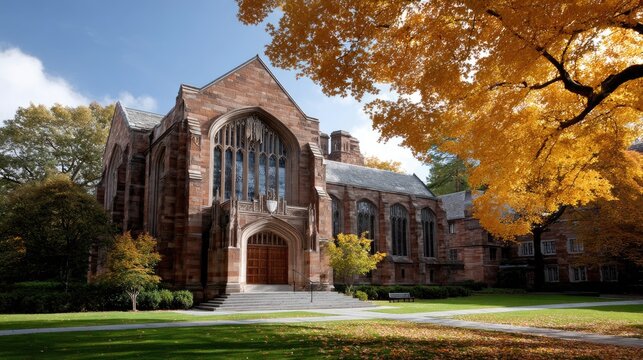 Historic building on campus stands tall with autumn trees and a clear blue sky in the background. Steps lead to the entrance