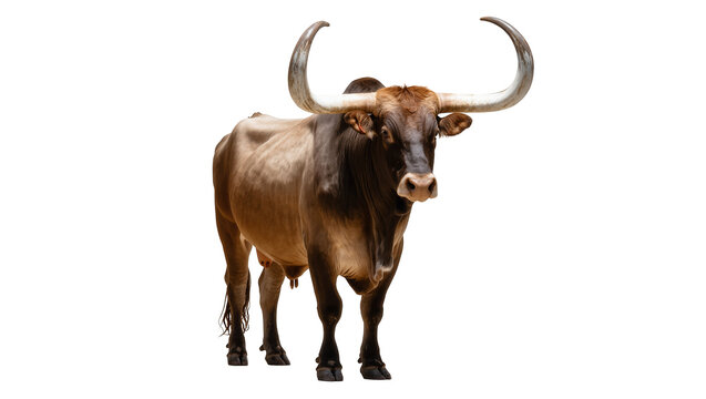 Majestic brown bull with impressive curved horns standing prominently and looking forward