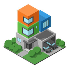 Fototapeta premium Isometric illustration of a modern, multi-story house with a garage and two cars, surrounded by lush green bushes.