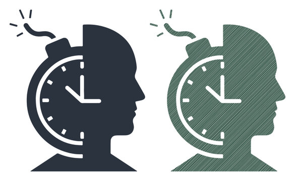Symbolic illustration of a head with a ticking time bomb inside, representing stress and deadlines.