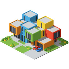 Fototapeta premium A vibrant, modern architectural design featuring a cluster of colorful, modular cubic building units interconnected and arranged in an abstract, playful composition.