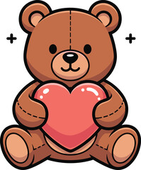 Obraz premium Cute brown teddy bear sitting and holding a red heart, Valentines Day illustration, plush toy character, love symbol, white background.
