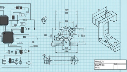 Fototapeta premium Mechanical engineer designs complex machinery blueprint with technical drawings and schematics on graph paper