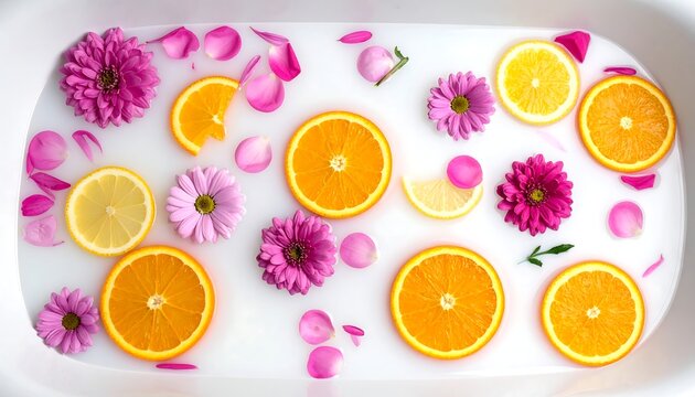 A flat lay of a white tub filled with milky liquid, containing floral arrangements & citrus slices