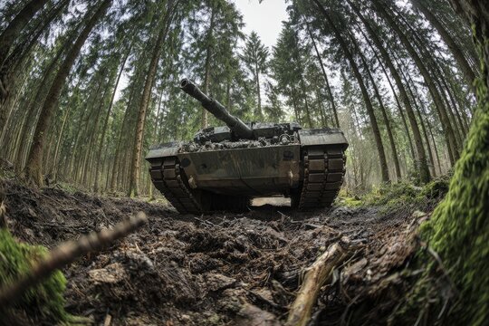 A tank traverses a muddy ditch within a dense forest, showcasing its size and presence