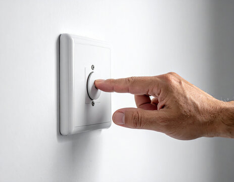 Mano pulsando un interruptor de luz del hogar, concepto de eficiencia, ahorro dom&eacute;stico, sostenibilidad y control del consumo el&eacute;ctrico en el D&iacute;a Mundial de la Eficiencia Energ&eacute;tica