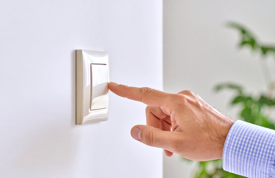 Mano apagando un interruptor de luz del hogar, concepto de eficiencia, ahorro dom&eacute;stico, sostenibilidad y control del consumo el&eacute;ctrico en el D&iacute;a Mundial de la Eficiencia Energ&eacute;tica