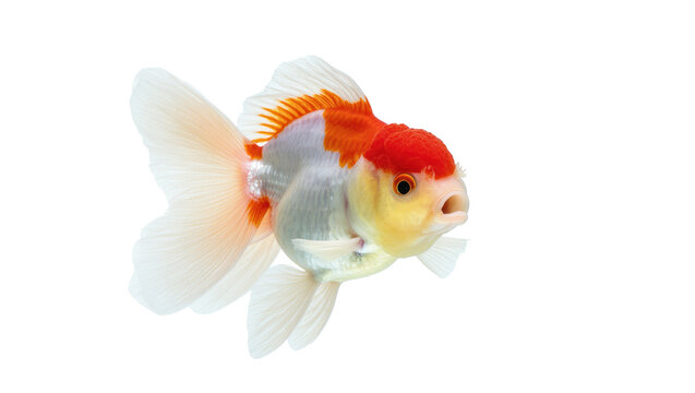 Vibrant red cap ranchu goldfish swimming gracefully with elegant fins and open mouth