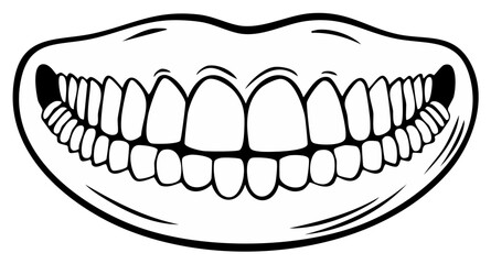 Obraz premium Wide Open Mouth Displaying Many White Perfect Teeth and Gums Black Outline