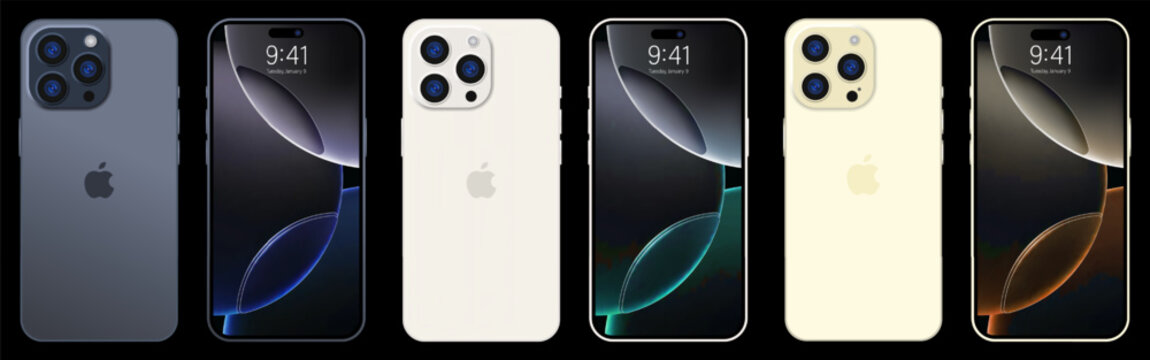 Iphone 16 pro max set mockup. Back and front side of the phone. Deep Black Titanium, white, golden Mock-up screen iphone. High Quality. Official presentation. Editorial.