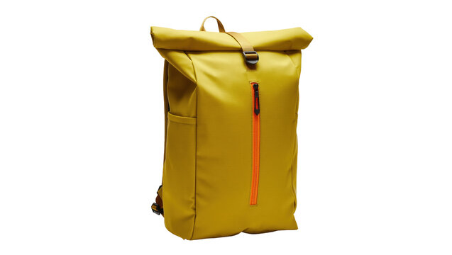 Stylish mustard yellow roll-top backpack with bright orange zipper, perfect for urban adventures
