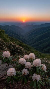 Sunrise reveals mountains with lush grass and blooming rhododendron flowers, while clouds linger in the valleys below