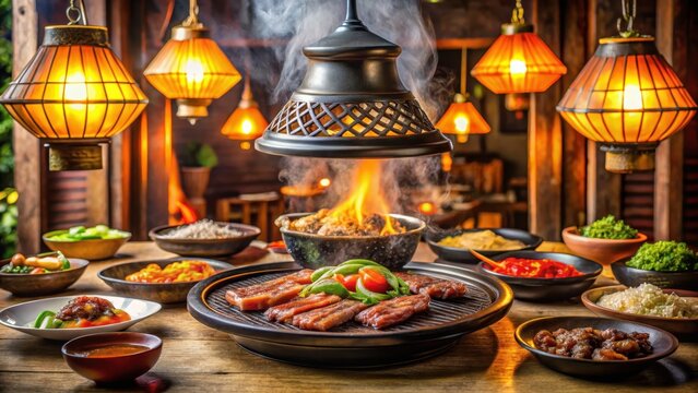 A photo of a sizzling Korean barbecue grill with marinated meat and vegetables in traditional restaurant setting Smoke wafts above the charcoal, addi