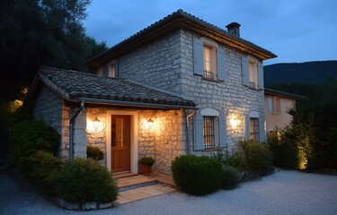 Naklejka premium This off-grid home in rural Extremadura showcases a hybrid solar installation with unique architecture surrounded by greenery during twilight