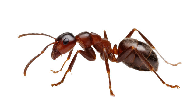 Detailed studio shot of a reddish-brown ant, a common insect pest often found in homes