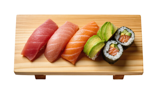Delicious and colorful Japanese sushi including nigiri and maki rolls on wood serving board