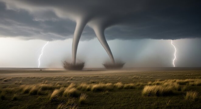 Twin Tornadoes Descend Amidst Lightning Storm Over Plains.