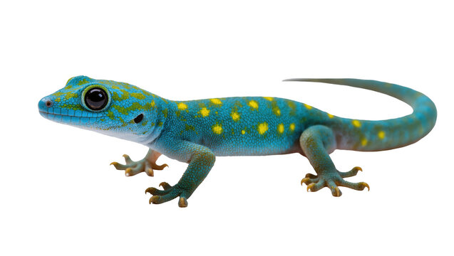 Exotic blue and yellow spotted gecko with vibrant skin pattern in detailed studio shot