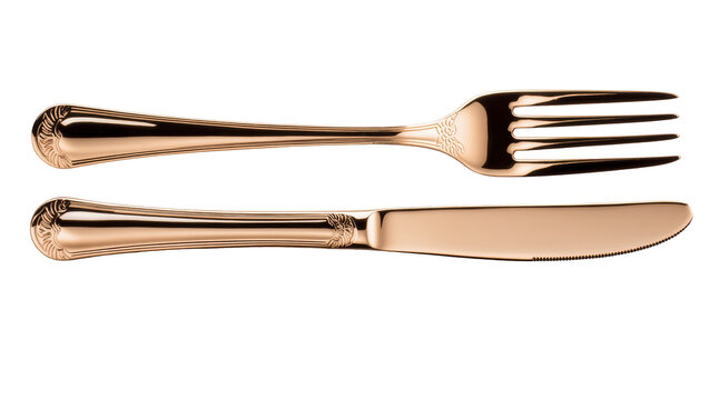 Elegant rose gold fork and knife set with ornate handles for dining and special occasions