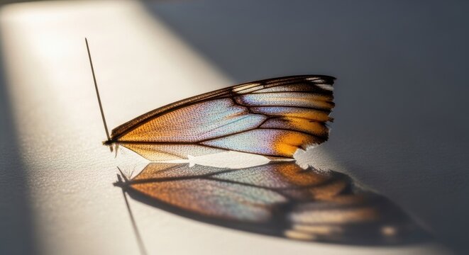 Intricate butterfly wing fragment with delicate patterns illuminated by soft light and casting a subtle reflection