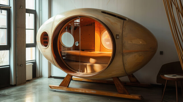Wooden sensory deprivation float pod in modern room with large window and concrete floor