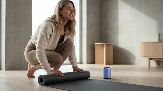 Woman unrolling yoga mat near smart speaker in modern home. Preparing for fitness routine with voice-activated device for relaxation and exercise session.