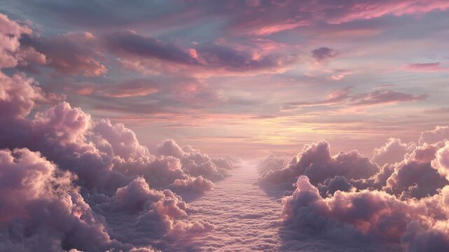 高くそびえ立つ雲の合間を奥へと続く光り輝く雲の道