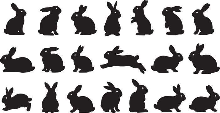 Black rabbit silhouettes, bunny icons, 20 rabbit shapes, vector illustrations isolated on Transparent Background