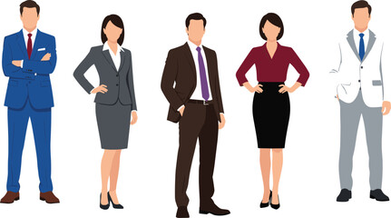 Fototapeta premium Flat vector illustration of professional business people, men and women in suits standing, diverse corporate team for office and leadership.