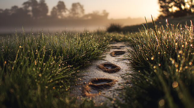 A serene landscape of a grassy field with footprints at sunrise or sunset