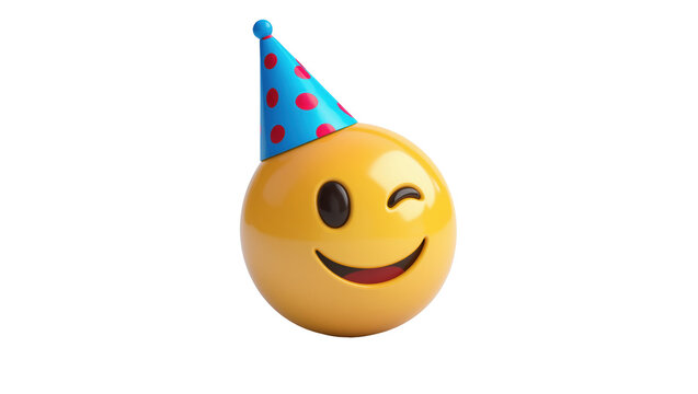 Playful 3D winking emoji wearing a festive party hat, expressing happiness and celebration