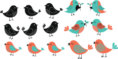 Fototapeta premium Set of cute bird illustrations featuring black silhouettes and colorful folk art characters with floral patterns, nature icons for nursery decor.