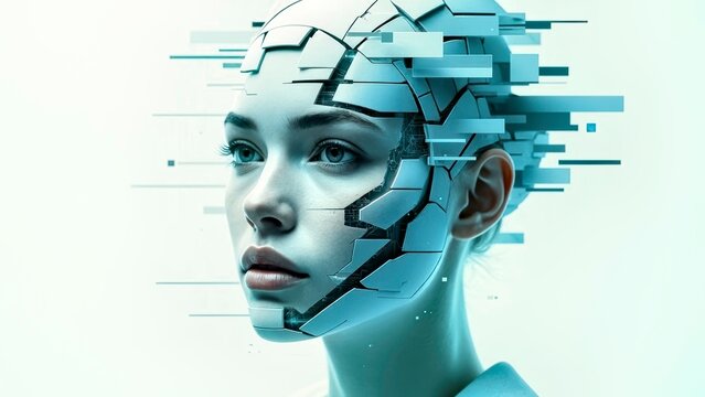 Female robot with cracked mechanical surface