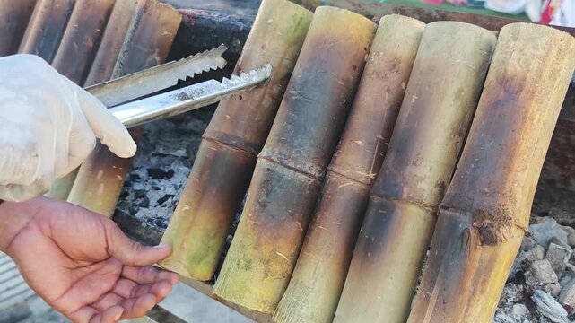 Khao Lam is rice cooked in a bamboo tube.