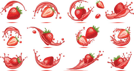 Strawberry splash vector set with fresh berries dynamic juice motion and liquid waves hand drawn food illustration collection in red tones © MstMukta