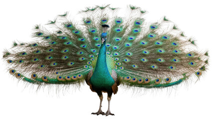 Magnificent green peacock displaying its stunning iridescent tail feathers in full fan mode © Ryan