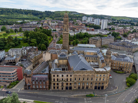 A high-angle view of Greenock town centre in Inverclyde, Scotland, specifically highlighting the Municipal Buildings and the prominent Victoria Tower. 
