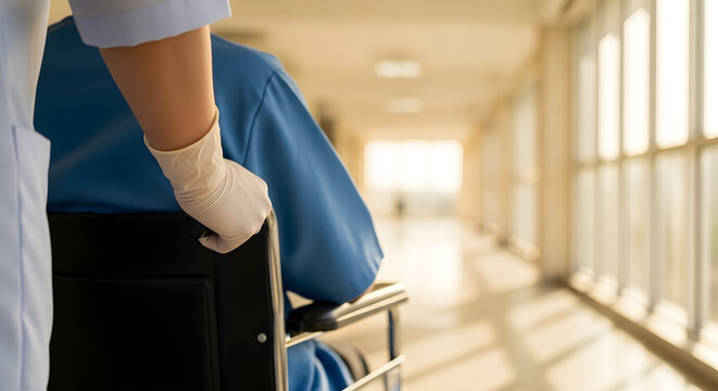 A person in a wheelchair is being pushed down a hallway in a hospital by a healthcare professional wearing gloves
