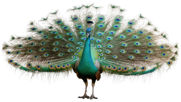 Magnificent green peacock displaying its stunning iridescent tail feathers in full fan mode