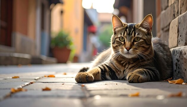 Serene feline relaxation: A tiger cat lounges amidst the tranquility of an urban street