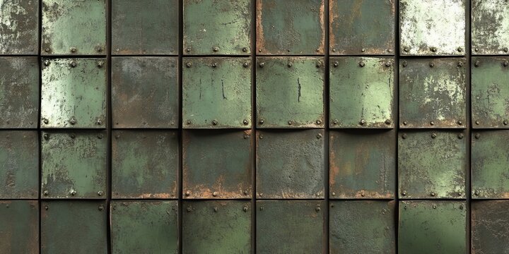 Weathered Metal Panel Wall with Faded Green Hue and Time Worn Patina for Industrial Texture Decor