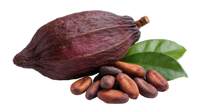 Whole ripe cocoa pod fruit with raw cocoa beans and fresh green leaves for chocolate making