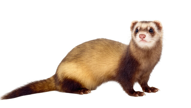 Charming domestic ferret with distinctive brown markings standing alert and curious