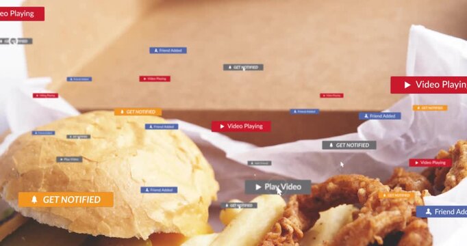 Badges appearing, causing zoom, revealing meal in box on deli paper with burger, fries, cursor