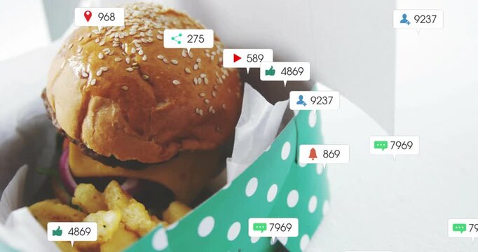 Icons appearing, frame panning, burger green-box centering, bubbles growing showing food buzz