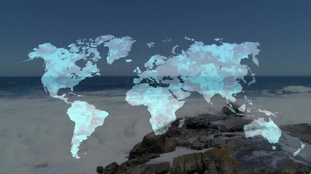 Vertical video: Appearing faintly, pale world map overlay filling with cyan and covering rocky surf