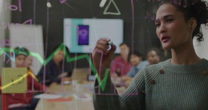 Presenter starting strokes on glass, drawing charts animated before team, guiding design review