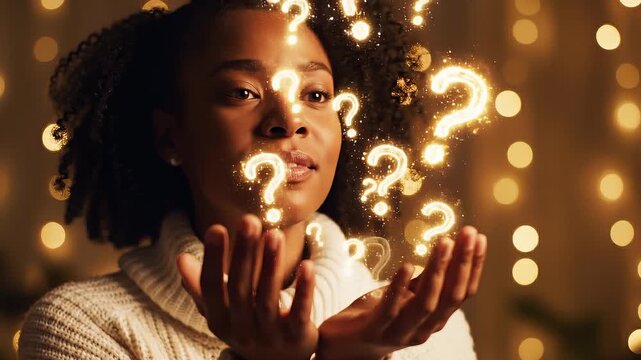 Young Black Woman Interacting With Glowing Question Marks, Symbolizing Curiosity and Problem Solving